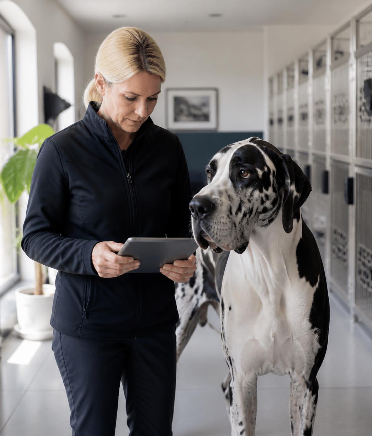 Professional breeder reviewing verified records on a tablet beside a Great Dane