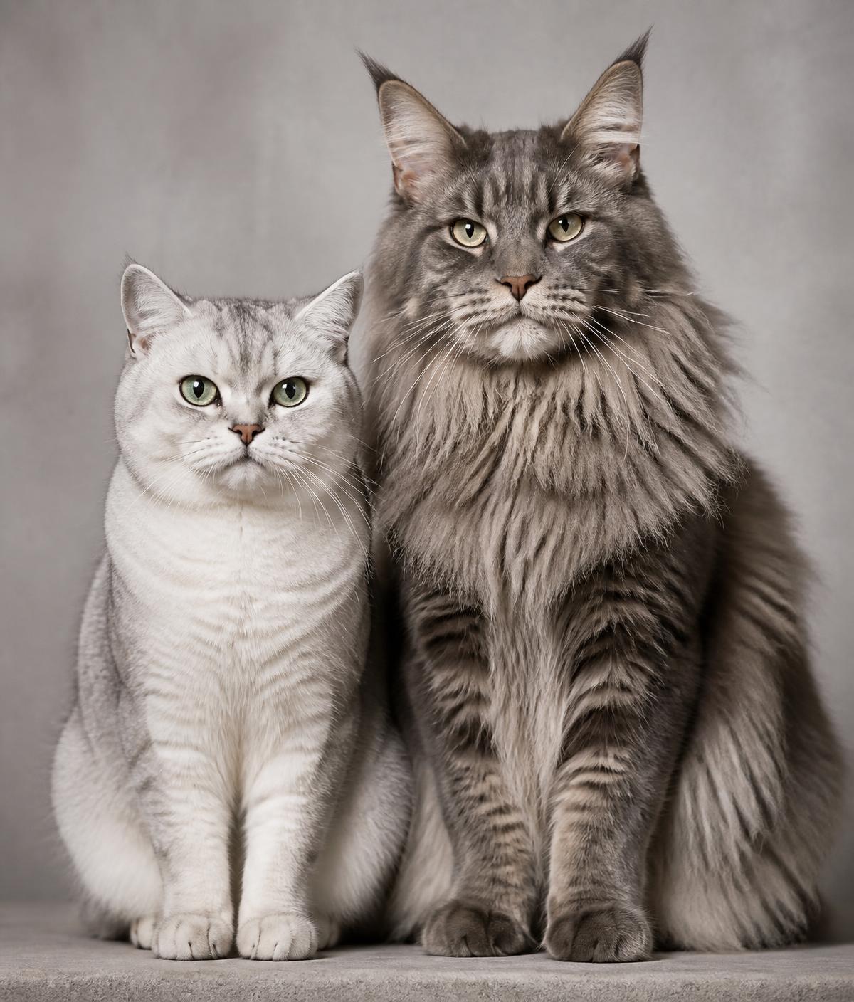 A silver British Shorthair and a Maine Coon photographed together in a studio