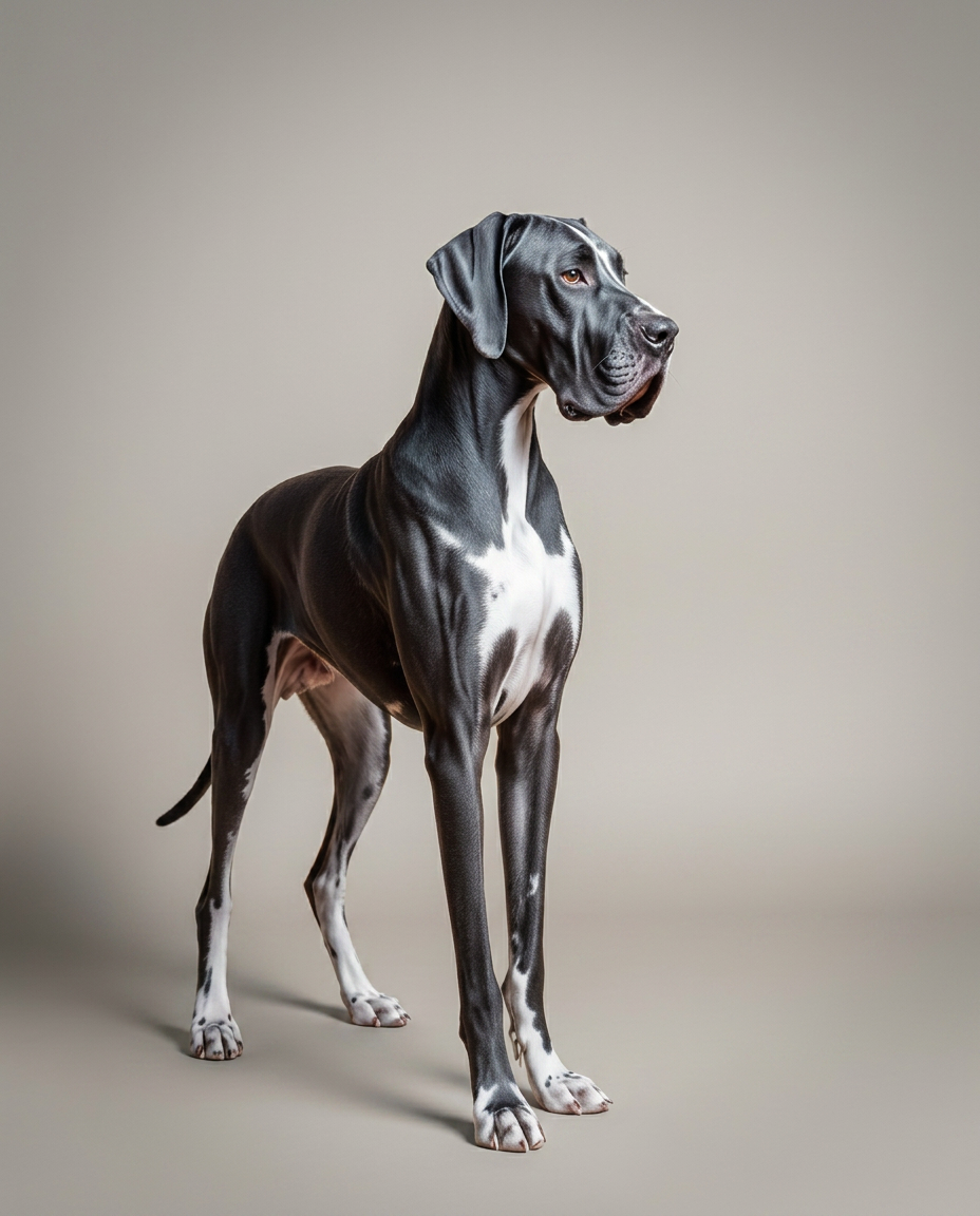 A harlequin Great Dane standing in a warm studio portrait